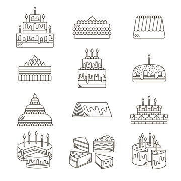 Cake with candle vector icons line set isolated. Sweet dessert illustration. Happy birthday wedding party celebration food collection. Bakery, cafe, restaurant design elements. Chocolate cream slice.