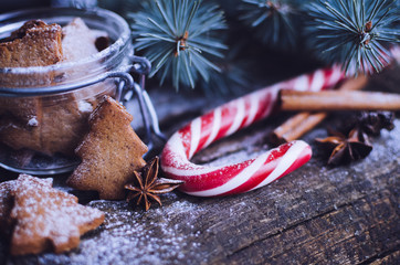 Christmas homemade gingerbread cookies on wooden table