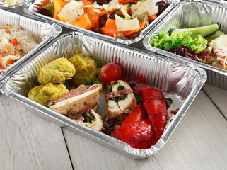 Healthy food in boxes, diet concept.