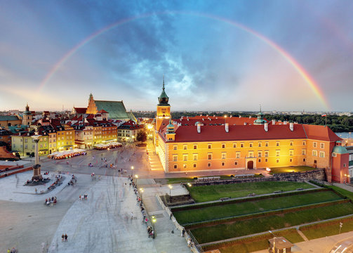 Rainbow over Warsaw Old Town square, Poland
