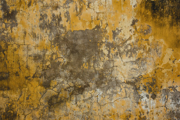 Grunge cracked yellow peeling paint concrete wall background.
