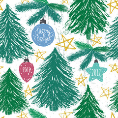 Ink hand drawn christmas trees forest seamless pattern