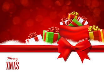 Christmas background with red bow and sack full of gifts.