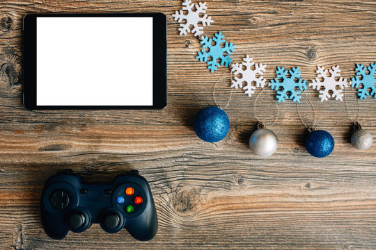 Gamepads on the table. Gaming accessories. Beautiful background.