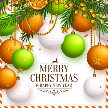 Christmas background with colorful balls, xmas baubles. Garland made from fir branches, yellow berries, orange and pearls. Vector illustration.