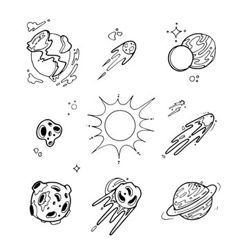 Hand drawn planets of solar system with sun and space asteroids, comets, stars. vector illustration in doodle style