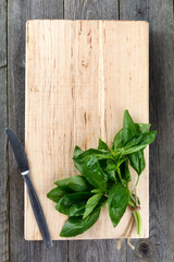 Fresh bunch of basil on a wooden stand and an old table background.Rustic style. Top view. Selective focus.