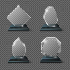 Clear glass award certificates, goals team crystal trophies stock vector
