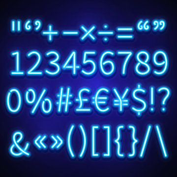 Glowing neon numbers, text symbols and currency signs vector typeset, font
