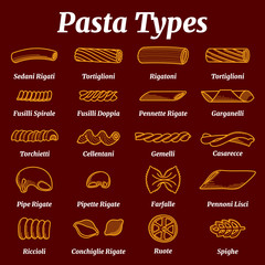 Traditional italian pasta list with names vector set