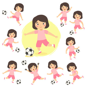 Girl Playing Football Soccer Sport Set Vector Illustration Kids