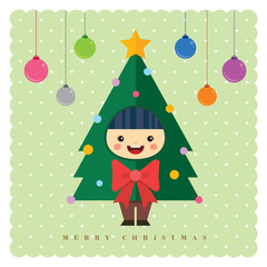 Merry christmas greeting illustration. Cute kid in christmas tree costume with colourful christmas balls on polka dot background.