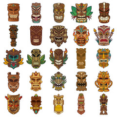 Colorful Tiki Head Design Set - obrazy, fototapety, plakaty