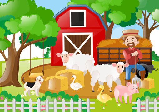 Farm scene with farmer and many animals