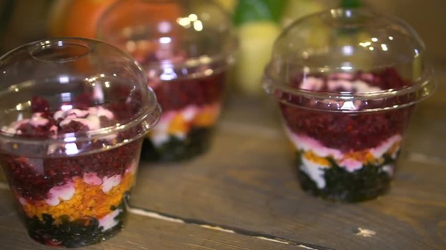 Vegetarian food in plastic cups