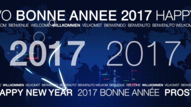 Happy New Year 2017 worldwide greetings eve party blue screen world map scrolling international greetings 