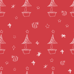 Set of hand drawn stars and chrismas tree. Retro vintage style. Seamless background. chrismas pattern on red background.