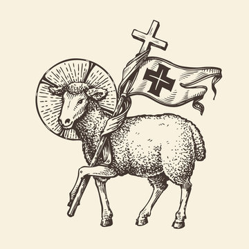 Lamb or sheep holding cross. Religious symbol. Sketch vector