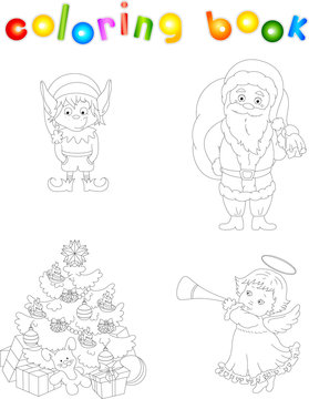 Christmas elf, santa, angel and tree