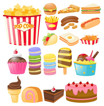 Food set with fastfood and desserts