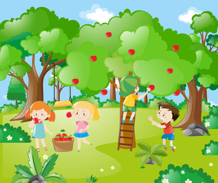 Farm scene with kids picking apples