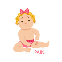 Little Baby Girl In Nappy Having Pain From A Scratch, Part Of Reasons Of Infant Being Unhappy And Crying Cartoon Illustration Collection