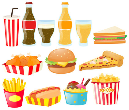 Fastfood set with different types of food and drink