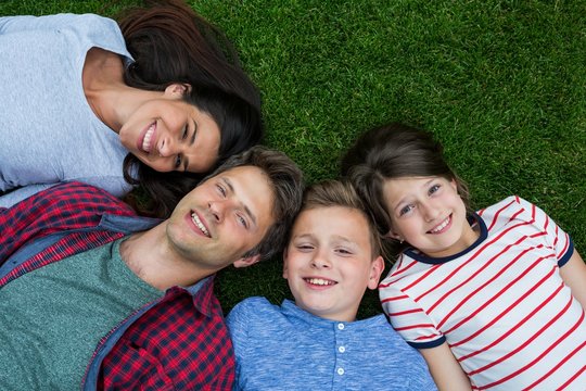 Happy family lying on grass in park on a sunny day