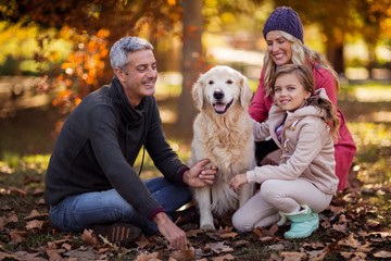 Naklejka na ściany i meble Family sitting with dog at park