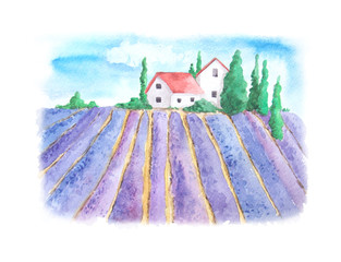 Watercolor landscape with lavender field