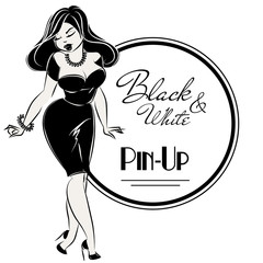 Black and white pin-up sexy woman, hand drawn vector illustration - 129287928