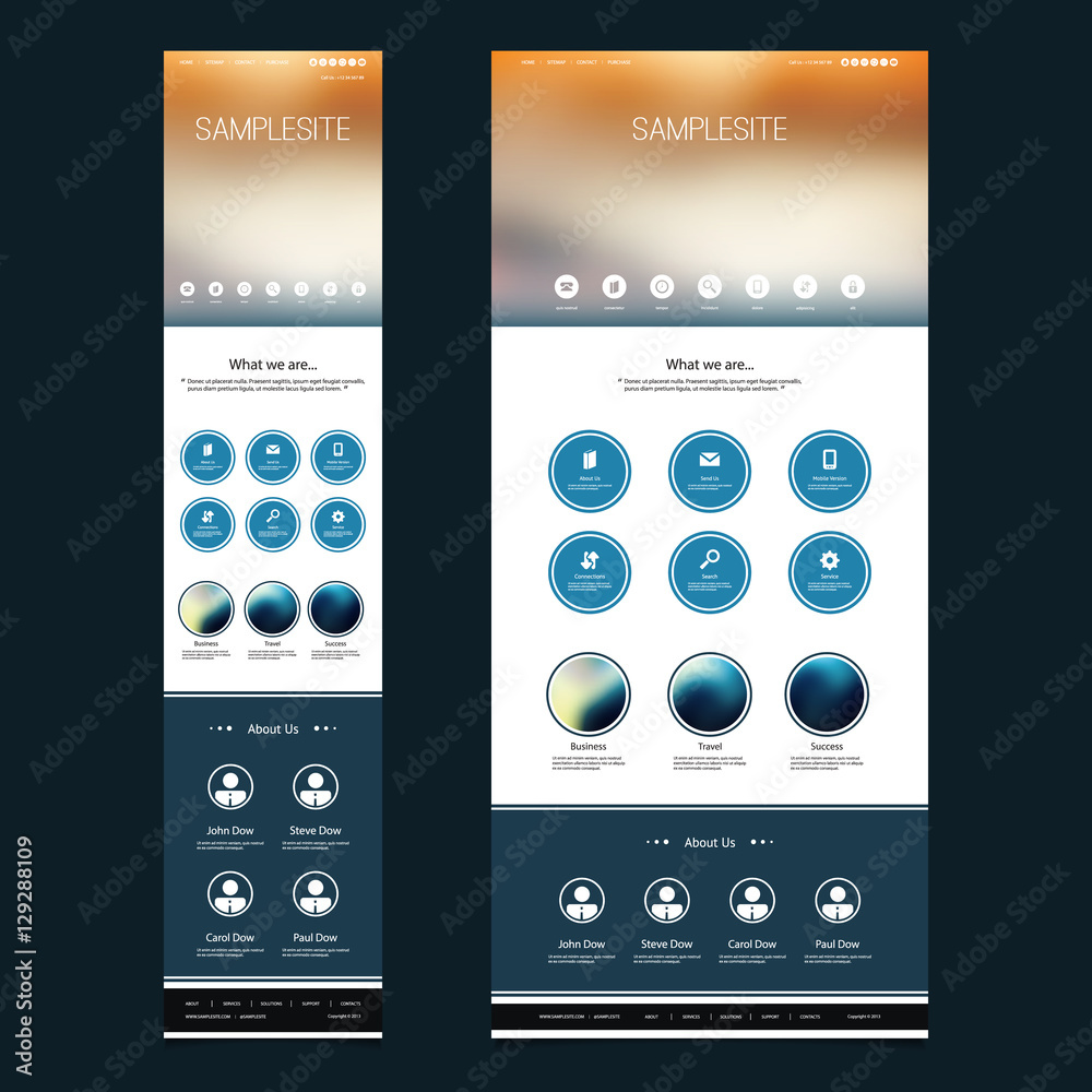 Wall mural responsive one page website template with blurred background - sunset header design - desktop and mo