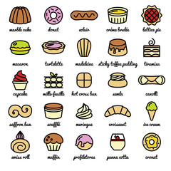 big line icon set of world best desserts and sweets