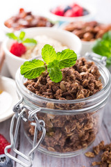Homemade chocolate granola ingredients, nuts, oats, honey and berries on white wooden background. Healthy breakfast concept.