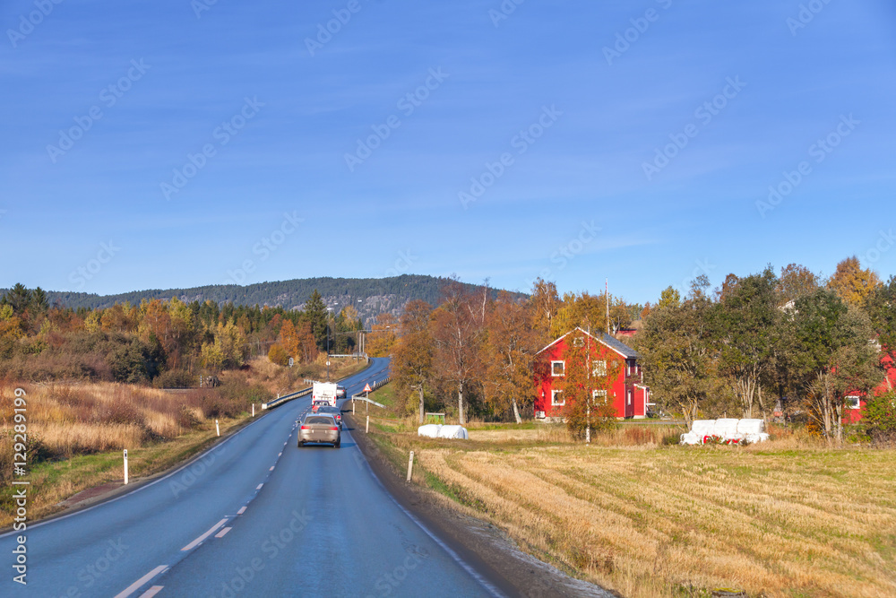 Wall mural Car goes on the turning rural highway