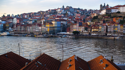 View of Douro river, Ribeira at old town Porto, Portugal.