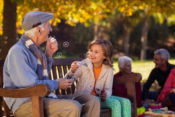 Playful grandfather blowing bubbles with granddaughter