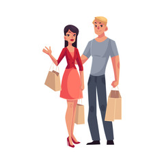 Couple of young man and woman with shopping bags, cartoon vector illustration isolated on white background. Full length portrait of young pretty girl, woman and handsome man doing shopping