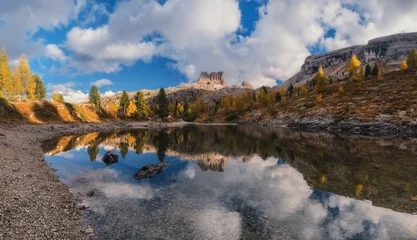 Foto auf Acrylglas Italy. Dolomites. Autumn on lake Limides and views of mount Averau  © naumenkophoto