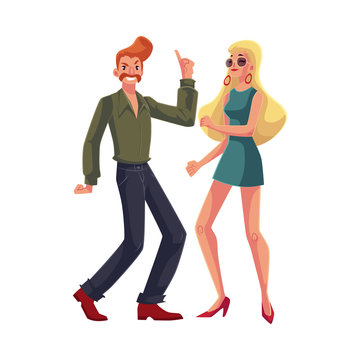 Red haired man and blond woman 1970s style clothes dancing disco, cartoon style vector illustration isolated on white background. Man with beehive and girl in short 1960s dress at retro party