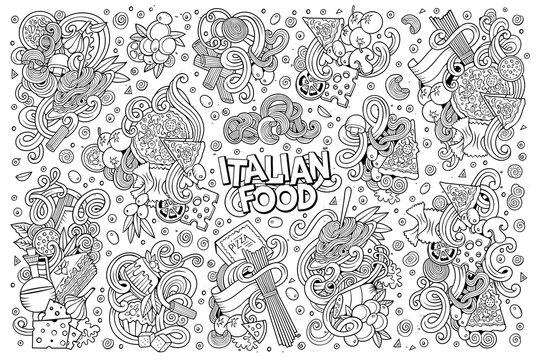 Line art vector cartoon set of italian food objects