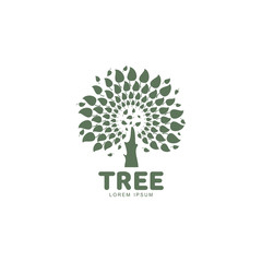 Obraz premium Stylized round shape graphic tree logo template, vector illustration isolated on white background. Creative tree logotype template with round foliage, environment, nature, growth concept