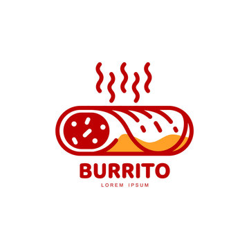 Stylized hot, freshly made Mexican burrito logo template, vector illustration isolated on white background. Creative two-colored hot and spicy, horizontally placed Mexican burrito logotype template
