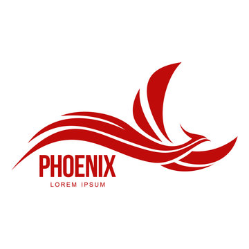 Stylized graphic phoenix bird flying with expanded wings logo template, vector illustration isolated on white background. Phoenix bird logotype template, freedom, development, creativity concept