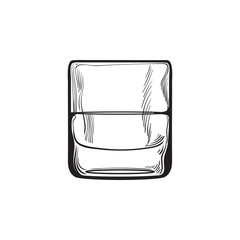 Scotch whiskey, rum, brandy shot glass, sketch style vector illustration isolated on white background. black and white hand drawing of a glass of whiskey shot
