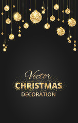 Fototapeta na wymiar Black and gold Christmas background with glitter decoration.