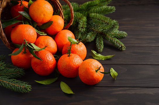 Fresh tangerine clementine with spices on dark wooden background, Christmas concept, selective focus, horizontal, copy space