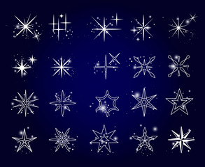 Stars and sparkles icons on dark blue background. Vector illustration