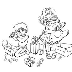 Vector isolated cartoon style illustration of a happy kids opening x-mas presents in christmas morning. December holidays. Coloring book.