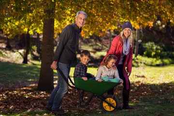 Happy family playing with the wheelbarrow